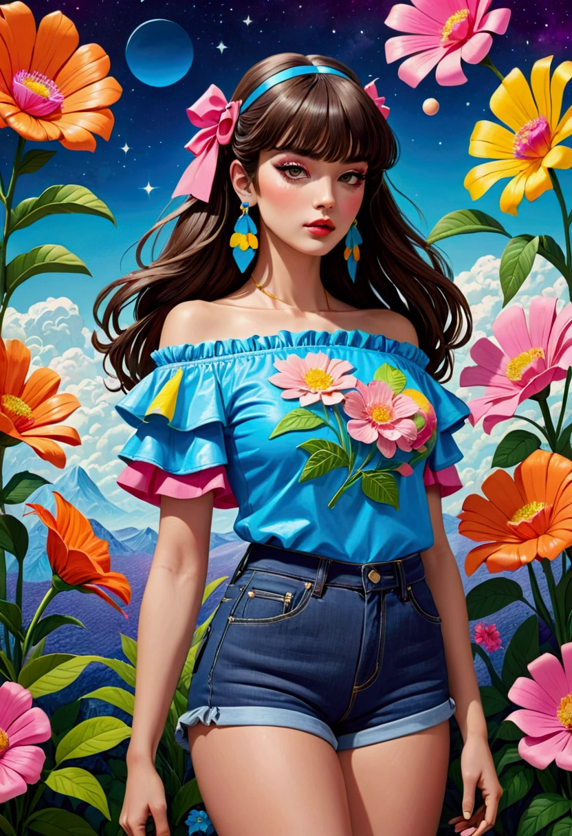 Featuring a dynamic and confident woman,She wears bold makeup,Wear colorful T-shirts, Bare shoulders, Ruffled sleeves, neck ribbon,Jewelry Earrings, Long hair, Looking at the audience, Bangs, Low rise denim shorts, Surrounded by vintage flower motifs, Vibrant brushstrokes, Self-deconstruction, Surreal Vaporwave Aesthetics, Threshold space, Negative Space,Pop Art, (Quilted Paper Art), Edge lighting、Octane Rendering、(Clear lines, HD,best quality, masterpiece, 4K ),