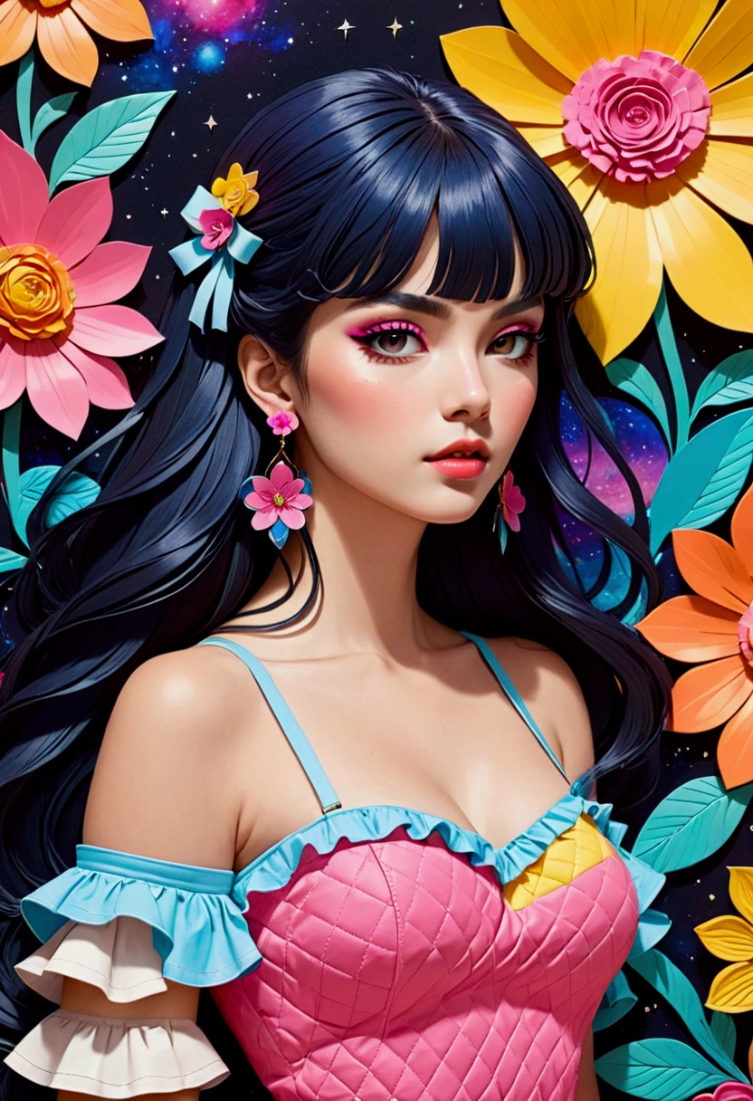 Featuring a dynamic and confident woman,She wears bold makeup,Wear colorful T-shirts, Bare shoulders, Ruffled sleeves, neck ribbon,Jewelry Earrings, Long hair, Looking at the audience, Bangs, Low rise denim shorts, Surrounded by vintage flower motifs, Vibrant brushstrokes, Self-deconstruction, Surreal Vaporwave Aesthetics, Threshold space, Negative Space,Pop Art, (Quilted Paper Art), Edge lighting、Octane Rendering、(Clear lines, HD,best quality, masterpiece, 4K ),
