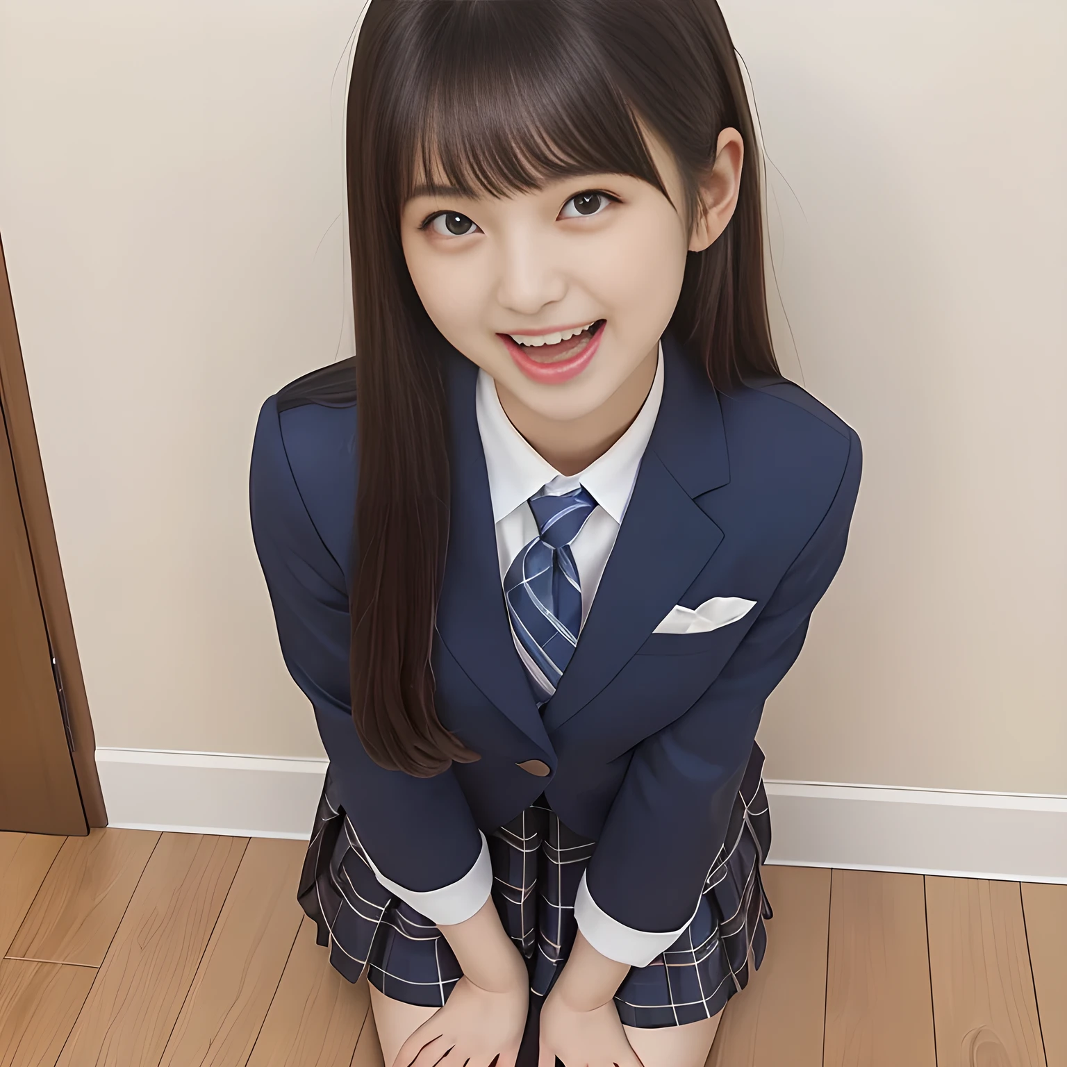 (Highest quality, masterpiece:1.2), Highest quality, High resolution, 1080P, 8k, height: 165cm, ((A noble and intelligent succubus who looks like a best proportion Japanese young lady is magically hypnotizing the viewer)), ((So sweet, very noble, cute and pretty Japanese beautiful cute girl)), ((A real, very girly, sweet, cute and noble girl)), ((((A beautiful Japanese cute fashion model)))), ((((Very pure white face and limbs)))), Glossy Lips, (Evenly cut bangs), ((Very beautiful, droopy, cute, pure, noble brown eyes)), ((Super long, straight black hair that reaches the floor)), (Very shiny, glossy Lips), ((Beautiful straight hair like a hair model)), Watch at you, ((Incredibly well organized, Rich facial expressions)), ((Plump and beautiful white skin and face)), ((Pure, clear, gentle brown eyes)), ((staring at me)), Glossy Lips, ((noble and elegant)), ((As the succubus charms you with her magic and giggles)), ((((Succubus is fascinating, calling to the depths of eternity)))), Very beautiful blue skirt, ((Large upward-curving lips)), ((Look directly at the viewer)), White Hand, (((Navy Japanese school blazer with noble emblem))), ((Navy and sapphire blue Japanese school uniform)), ((Tartan check pattern pleated long skirt)), ((Blue string ribbon tie)), ((((An ecstatic expression of boundless joy)))), ((fantastical white garden background)), ((Evilly moving tongue)), (((Promotional image of shampoo and hair conditioner))), ((turning around and trying to kiss me as a succubus))