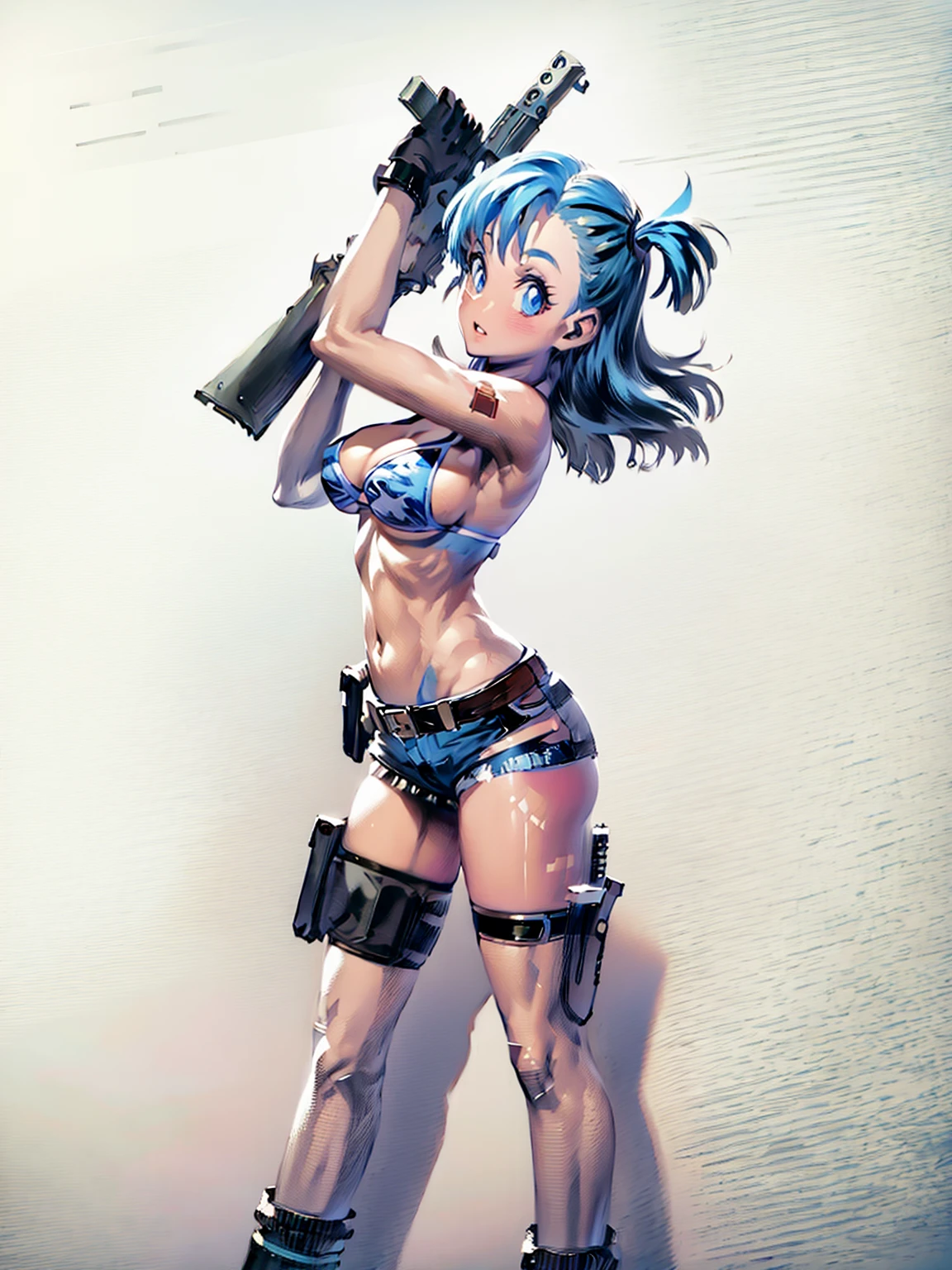 1girl, solo, gun, weapon, shorts, swimsuit, bulma, holster, boots, bikini, blue hair, gloves, breasts, blue eyes, one side up, bikini top only, denim shorts, thigh holster, blue shorts, denim, short shorts, cleavage, navel, medium breasts, handgun, full body, long hair, midriff, belt, thigh strap