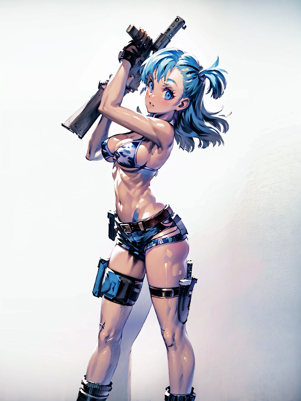 1girl, solo, gun, weapon, shorts, swimsuit, bulma, holster, boots, bikini, blue hair, gloves, breasts, blue eyes, one side up, bikini top only, denim shorts, thigh holster, blue shorts, denim, short shorts, cleavage, navel, medium breasts, handgun, full body, long hair, midriff, belt, thigh strap