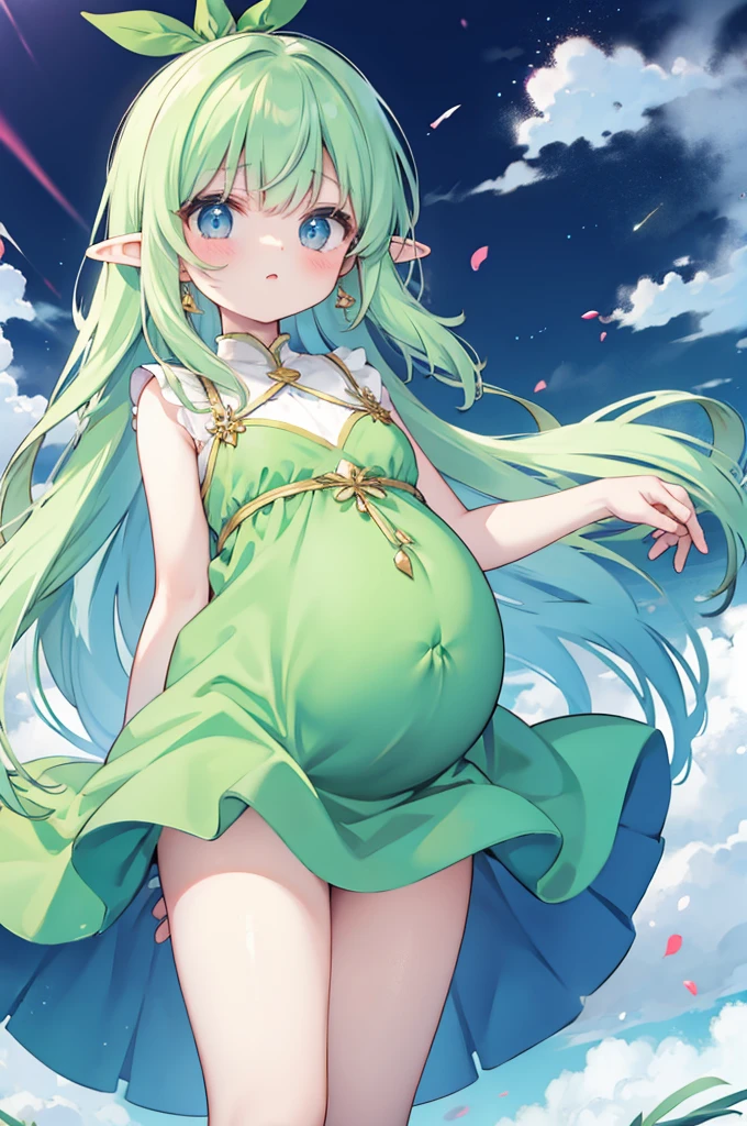 hyper cute girls anime style,pregnant ultra short elf girl,pale green long hair,white silk smock,Octagonal asterisk-shaped ruby earrings,