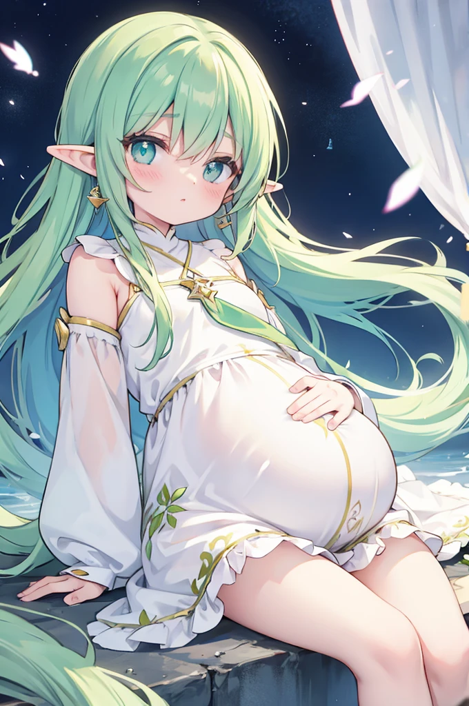 hyper cute girls anime style,pregnant ultra short elf girl,pale green long hair,white silk smock,Octagonal asterisk-shaped ruby earrings,