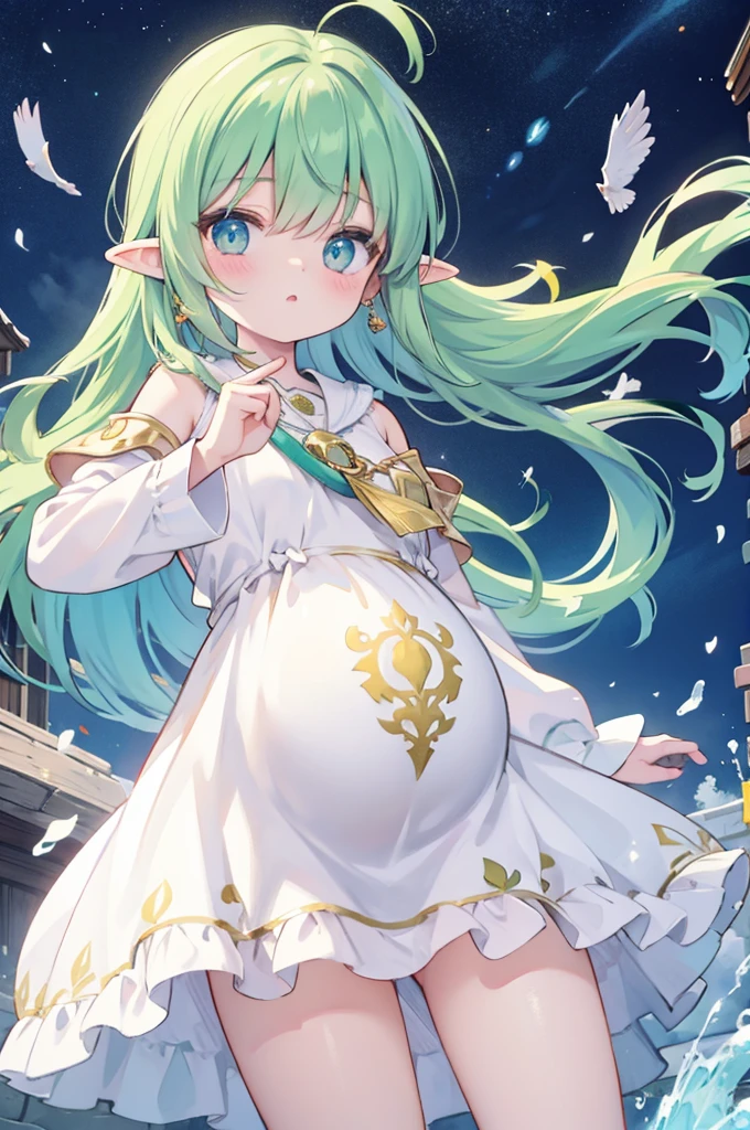 hyper cute girls anime style,pregnant ultra short elf girl,pale green long hair,white silk smock,Octagonal asterisk-shaped ruby earrings,