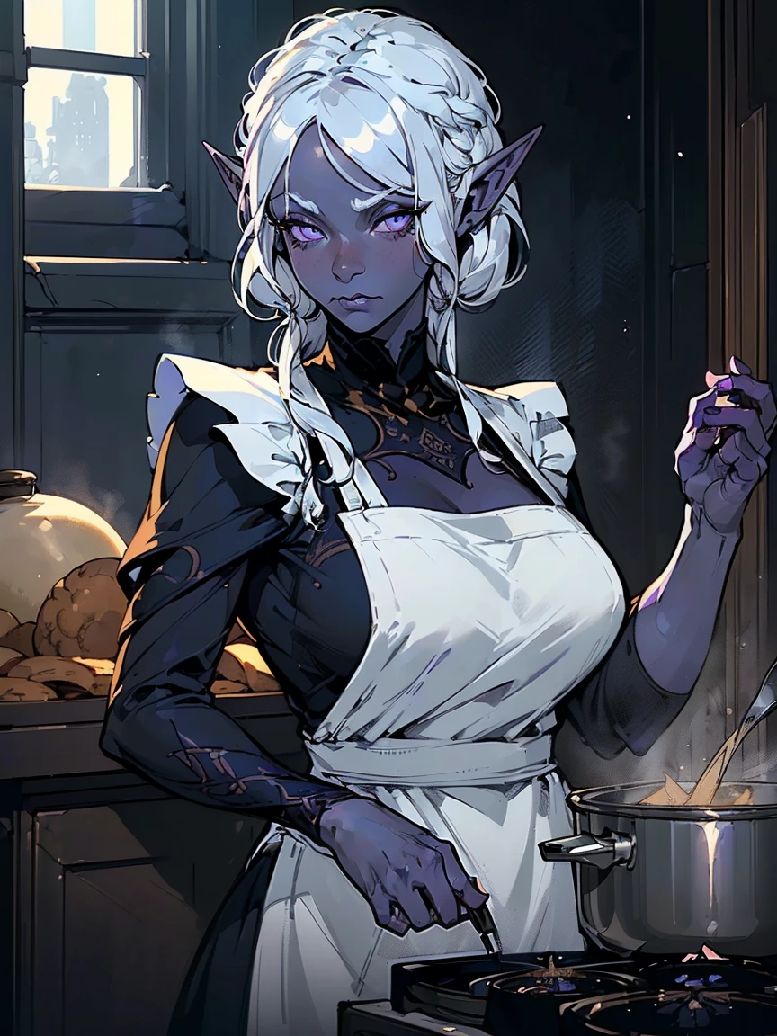 (1 girl, Short snow white hair, big purple beautiful eyes with long eyelashes, beautiful serious face, dark gray-blue skin elf, long ears, Drow), ((Cooking)), (Girl in an apron, cook), (fantasy, tavern, warm lighting, soft light, Evening atmosphere, Medieval), ((Detailed face, whole body, cooking cloth))
