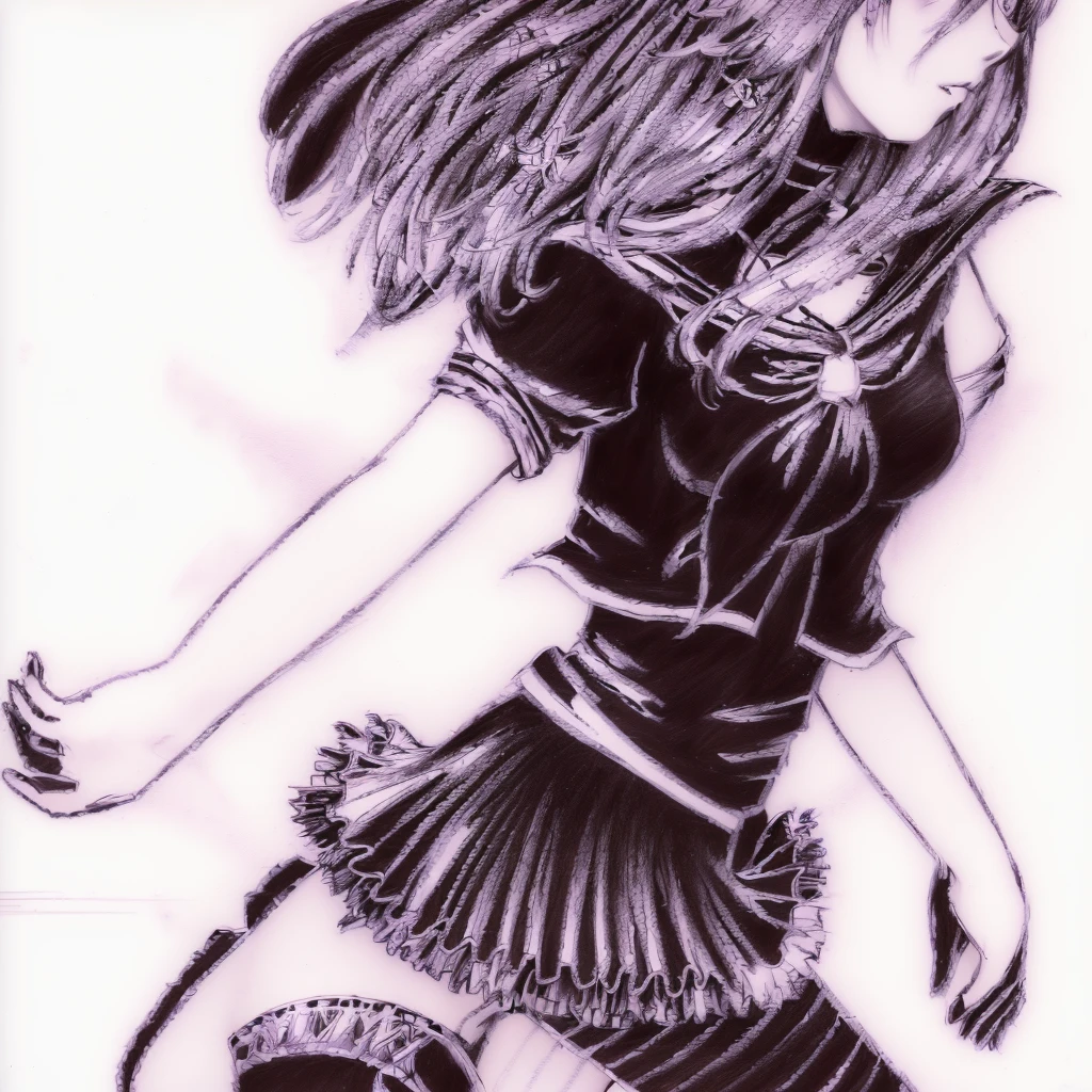 a drawing of a girl in a dress and tights, Manga drawing, a Manga drawing, Anime style drawing, Anime-Pose, detailed manga style, ikki tousen, Anime woman fullbody art, Anime drawing, ink Manga drawing, pencil and ink Manga drawing, Anime sketch, Anime girl with long hair, Anime girl walking on water, perfect lineart, Anime woman