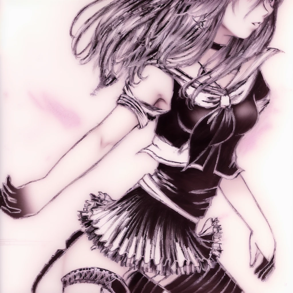 a drawing of a girl in a dress and tights, Manga drawing, a Manga drawing, Anime style drawing, Anime-Pose, detailed manga style, ikki tousen, Anime woman fullbody art, Anime drawing, ink Manga drawing, pencil and ink Manga drawing, Anime sketch, Anime girl with long hair, Anime girl walking on water, perfect lineart, Anime woman