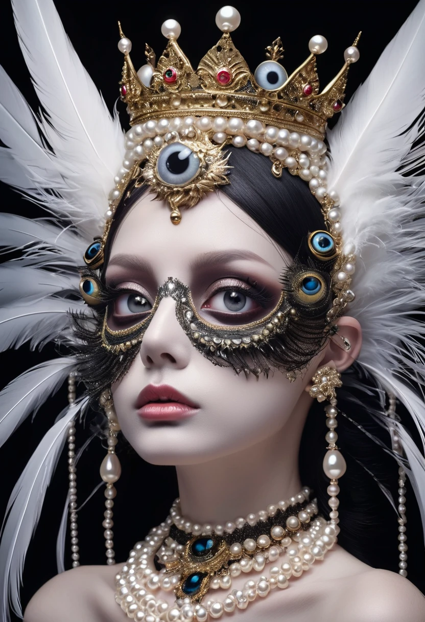 (masterpiece, best quality:1.2),Grotesque Aesthetics, Ugly faceless person,There are many eyeballs growing on the skin of the face,teeth, Solitary,black background,crown,veil,hand,Pearl Necklace,Feather wings