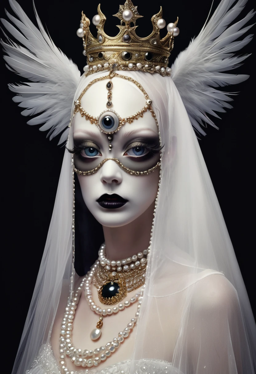 (masterpiece, best quality:1.2),Grotesque Aesthetics, Ugly faceless person,There are many eyeballs growing on the skin of the face,teeth, Solitary,black background,crown,veil,hand,Pearl Necklace,Feather wings