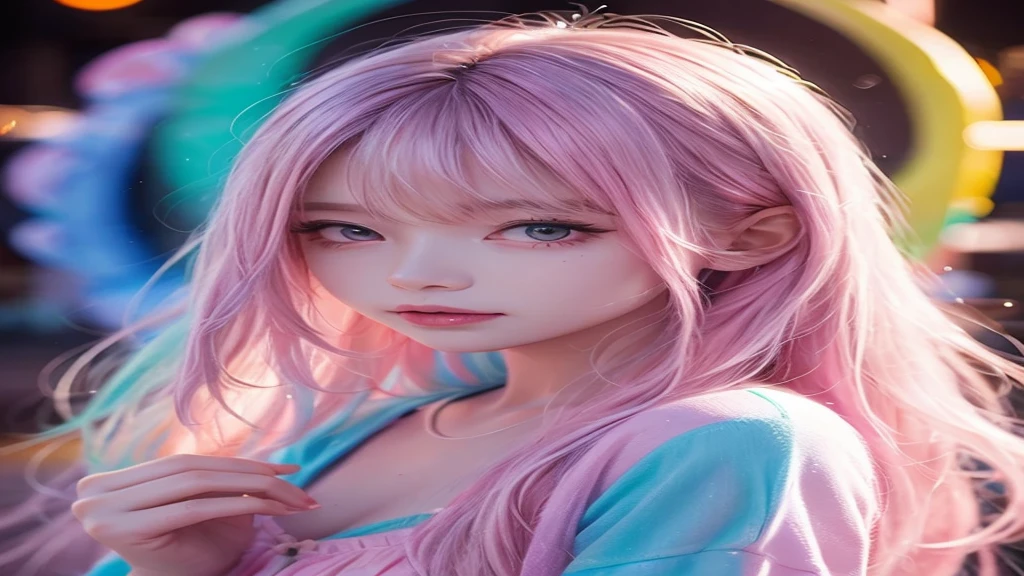 Pastel wind painting, rainbow colours, high quality painting, masterpiece, 4k, animation, pretty girl, pink side-tail hair, pink dress, “A cute, realistic girl with rainbow hair, listening to music with headphones, eyes closed.”