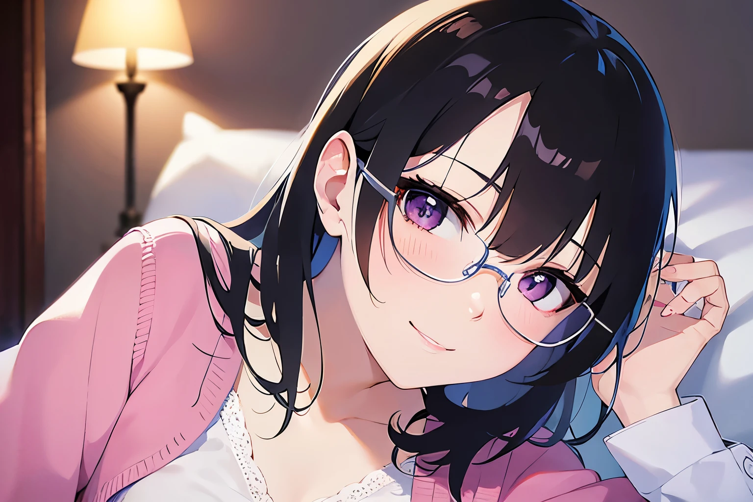 on back, plastic frame eyewear、Upper Body, Realistic, real person, (pale skin: 1.2), RAW photo, photorealistic, shiny skin, shiny hair、(25 year old woman with bangs) and (medium hair) and (black hair) and (purple eyes) , BREAK (pajamas) and (pink:1.2) BREAK 、smile, (blush:1.3), bed, Alone、