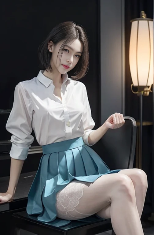 ultra Realistic 8k cg, picture-perfectionな顔, perfection, clean, masterpiece, Professional artwork, Famous works of art, perfectionな顔, Beautiful Face, beautiful eye, ((perfectionな女性の体)), alone, (Immersive atmosphere, Chiaroscuro:1.5, Bright light:1.2, Bright lighting), Showing off a delicate, slim figure and graceful curves, (Beautiful long legs:1.3), (blush:0.5),Captivating look, Very detailed_eye, Thick thighs, Large Breasts,
Beautifully detailed backgrounds, Depth of written boundary, Realistic:1.3, Long Shot, One girl, shirt, Pleated skirt, , Sitting, whole body, 
(Zhou Haoguang:1.3), (Structure of the film:1.3), (Neon Light:0.1), (High resolution:0.1), Accent lighting, White Pantyhose,