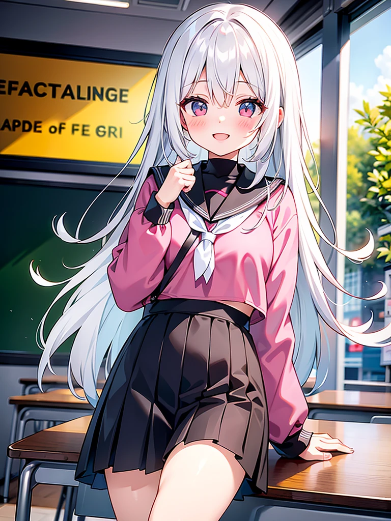 One person girl,Long white hair,Highlight a topic,on the road,smile,My cheeks are a little red,Shawl radiation,In the classroom,Highlight a user