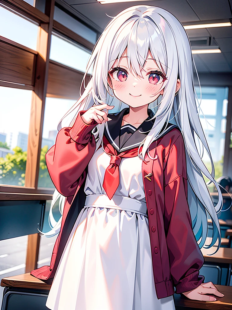 One person girl,Long white hair,Highlight a topic,on the road,smile,My cheeks are a little red,Shawl radiation,In the classroom,Highlight a user