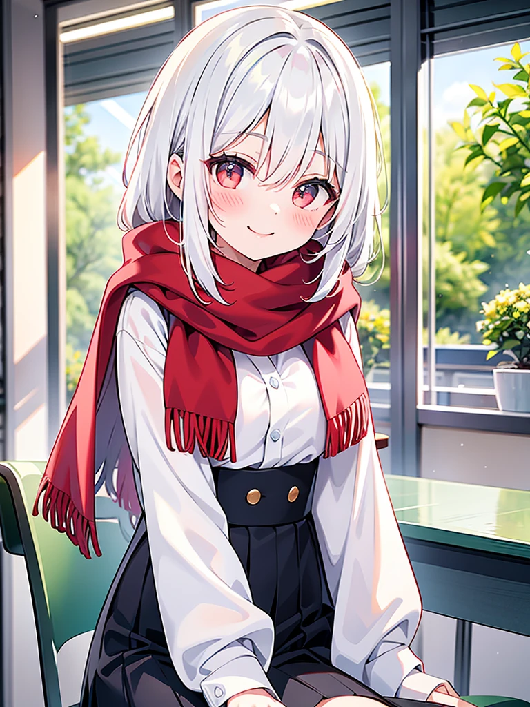 One person girl，Long white hair，Highlight a topic，on the road，smile，My cheeks are a little red，Shawl radiation，In the classroom，Highlight a user