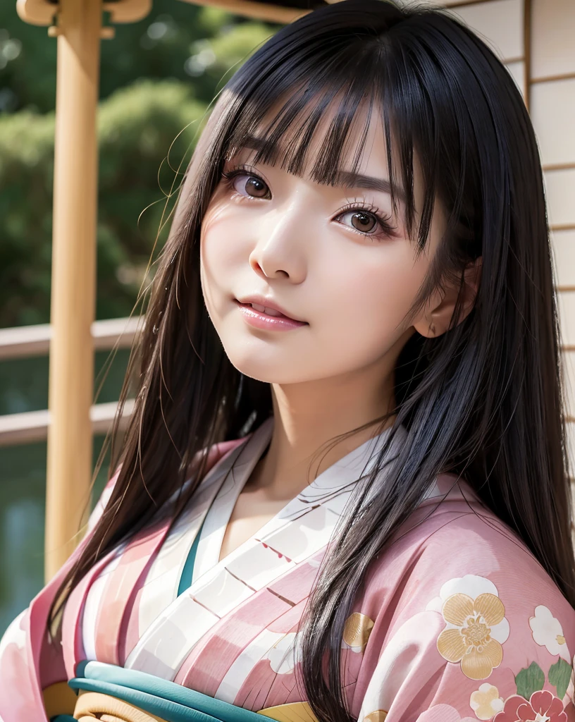 (Highest quality, 32k, High resolution, Masterpiece:1.5, ), marimo_jet, god々A photograph with brilliant dazzling and healing power., Evoking a sense of calm and elusive beauty, Expressing emotions, Have a rich imagination,Beautiful Japanese Girls, An exceptionally beautiful face, Small Face Beauty, Perfect Human Anatomy, Magical big eyes, Motherhood and generosity, Deep Love, fleeting smile, ((Shiny black hair:1.1)), ((Upset)), Asymmetrical bangs, Hair between the eyes, Transparent, soft white skin, Sharp eyebrows, Thin lashes, Natural Makeup, Cheek highlighter, Pale pink detailed lips, ((Traditional Japanese Kimono:1.5)), Professional Lighting, Professional photographer, Professional models, god秘的