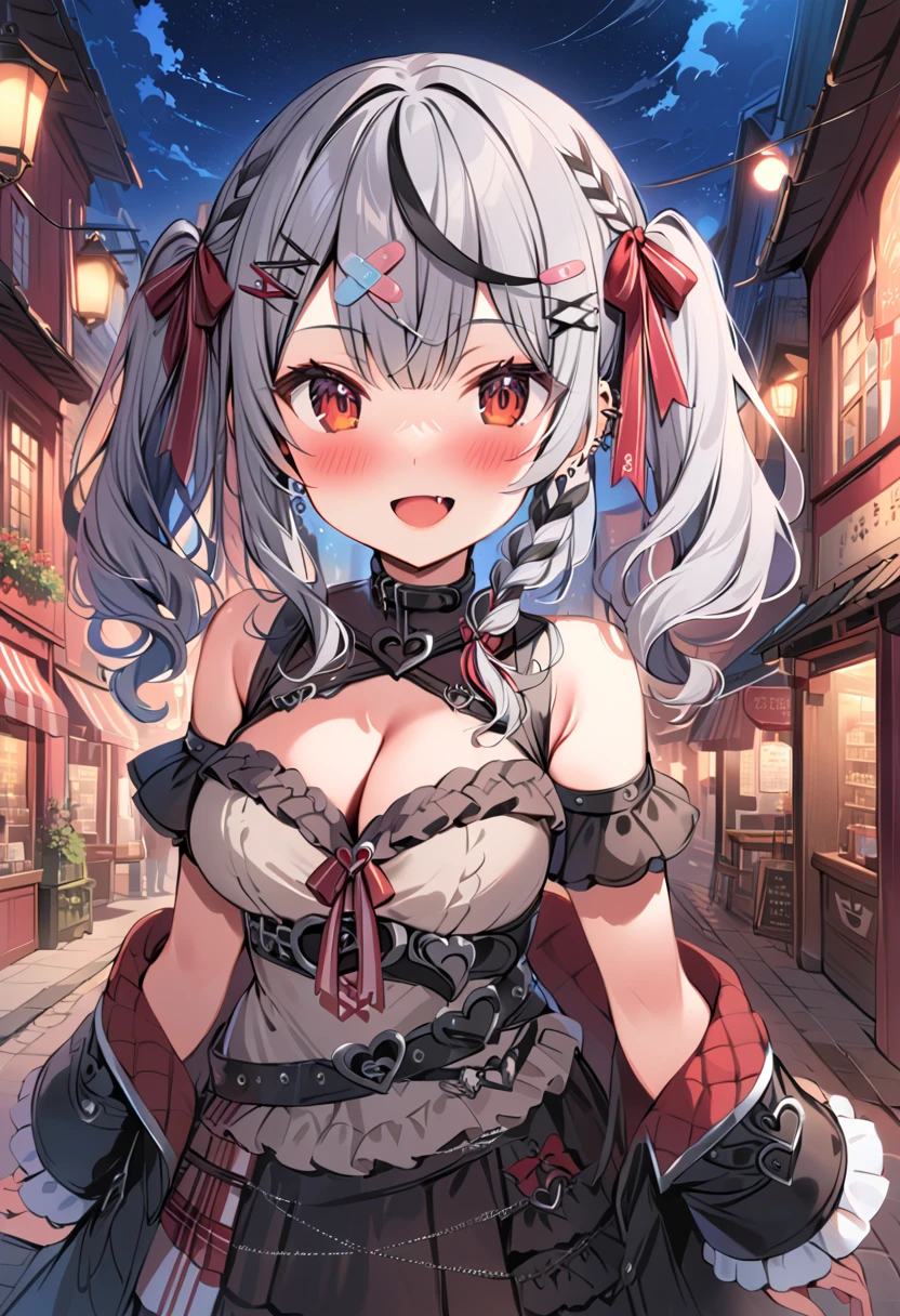 sakamata_jirai, red eyes, cleavage, multicolored hair, grey hair, streaked hair, bandaid, hair ornament, smile, black hair, clothing cutout, piercing, braid, fang, frills, cleavage cutout, :d, bow, ear piercing, band-aid hair ornament, PEAnimeBG, outdoor, scenery, background, anime, sky, night, stars,
masterpiece, high resolution, octance 4k, high detail,twin tail