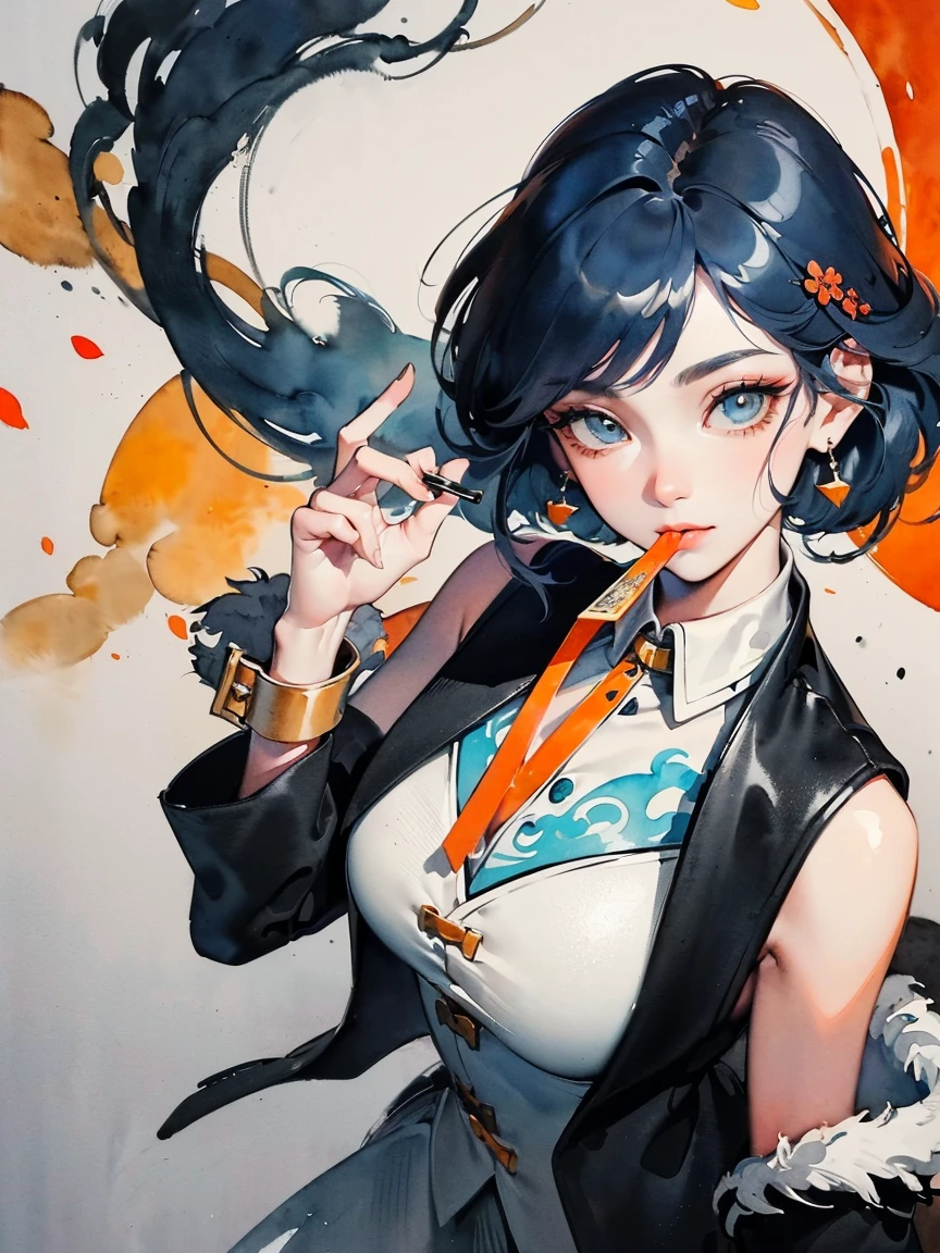 (((((((Chinese ink painting，watercolor paiting，BUbed orange and black jacket ,princess shoulders knots,very long sleeves,creamy blue hair,fur cuffs,fingers from mouth grey vest)))))))，((1lady,adorable korean mixed race of Saudi Arabia girl，lean face，solo,))(Masterpiece,Best quality, offcial art, Beautiful and aesthetic:1.2),((Ultra-high resolution,Golden ratio,)) (16K),((Melon seed face，from above，milf,milf，Royal cape，busty body,detailed background of chinese waterink paintings)),(Physically-based rendering),Amazing,Sharp focus, (((highdetailskin,))),Intricately detailed clothing,Lying silkworm eyebrows，long eyebrows,Delicate pupils,snake pupils,Danfeng Eye,((((detailed hair,long hair|Shaggy cut|Long bold side bangs|Sleek cut|Undercut)))),slender,(masterpiece sidelighting),(The sheen),(beautiful hair,beautiful eyes,）[[Delicate fingers and hands:0.55]::0.85],(Detail fingers),(((Superior quality,)))),((unbelievable Ridiculous,)),((extremely_Detailed_eyes_and_face)),Movie girl,(Dynamic configuration: 1.2),Brilliant,Glossy, (Photorealistic), The light from the back window is backlighted,long gloves,mitts, ((hairpin)),golden earrings, Light particles  petals, Side Rock,Graceful maxi dress, two-sided fabric