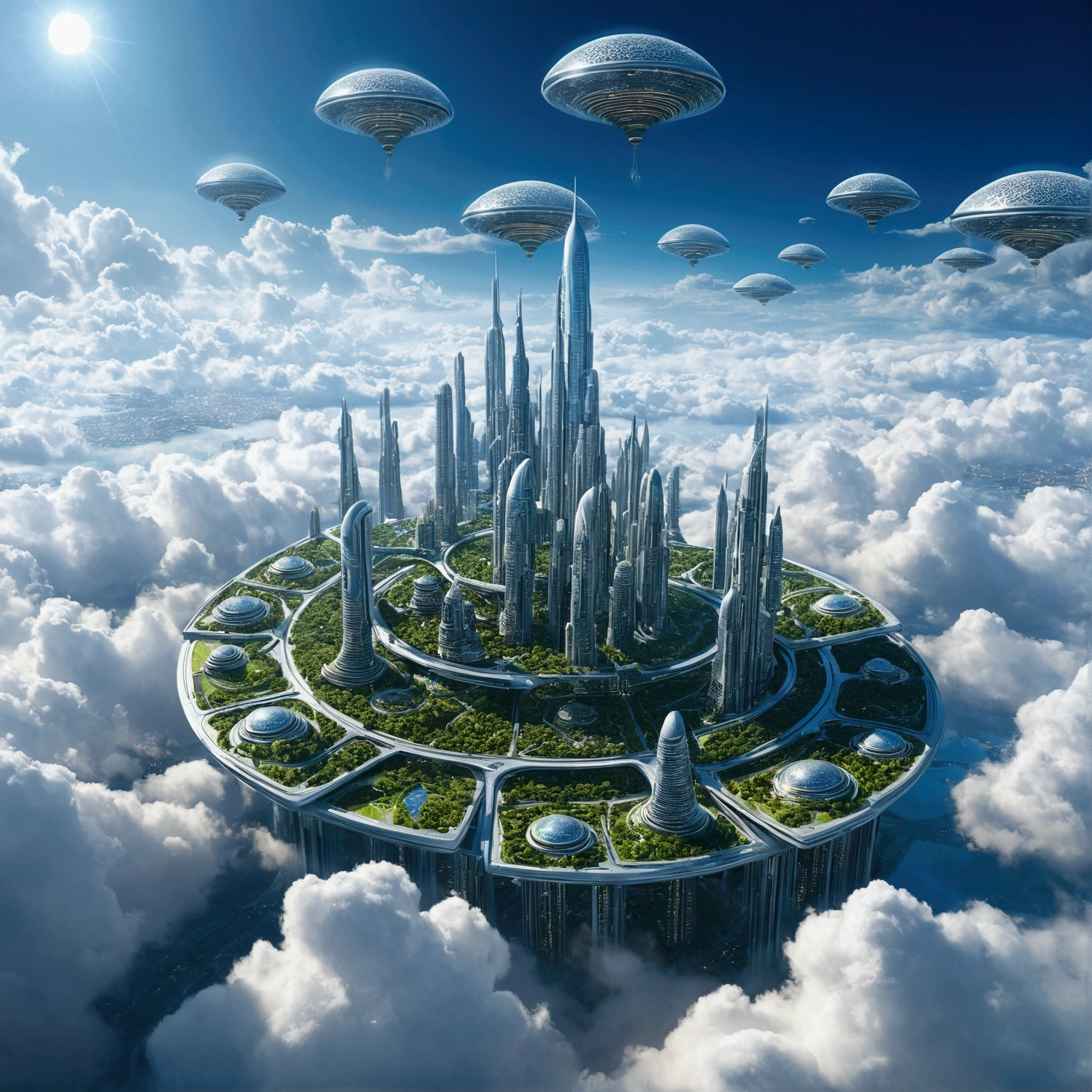 Futuristic city with clouds in the sky, Floating city in the sky, Floating city on clouds, Floating Land in the Clouds, 在幻想Sci-fi city, Future Utopian City, Floating city, Sci-fi city, Huge futuristic temple city, Future utopian metropolis, Future Utopian Fantasy, Abandoned flying future city, Otherworldly city of the future
