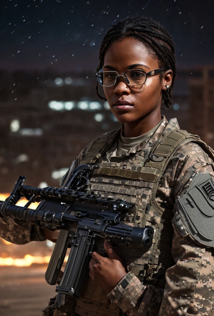 A muscular African American female special forces soldier, highly detailed portrait, beautiful detailed eyes, beautiful detailed lips, extremely detailed face, long eyelashes, serious expression, military uniform, tactical gear, assault rifle, night vision goggles, urban environment, cinematic lighting, dramatic shadows, gritty realism, hyper detailed, 8k, photorealistic, award winning digital art