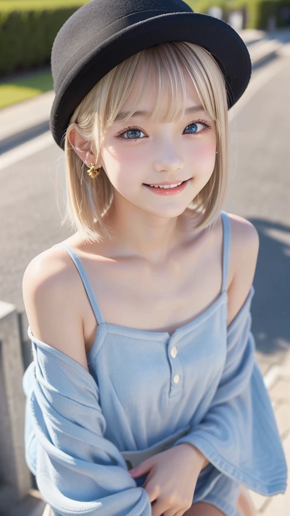 1girl, , Famous idol, 1cute girl, very young face, detailed face, cute face, master piece , best quality , woman , bowler hat , bangs , smile , outdoor, Shiny platinum blonde silky super short hair, side locks, beautiful shiny bangs, big clear sky blue eyes, very beautiful light eye highlights, earrings,