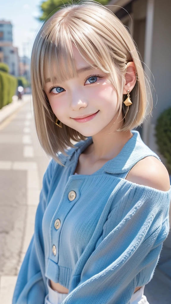 1girl, 14 years old, Famous idol, 1cute girl, very young face, detailed face, cute face, master piece , best quality , woman , bowler hat , bangs , smile , outdoor, Shiny platinum blonde silky super short hair, side locks, beautiful shiny bangs, big clear sky blue eyes, very beautiful light eye highlights, earrings,