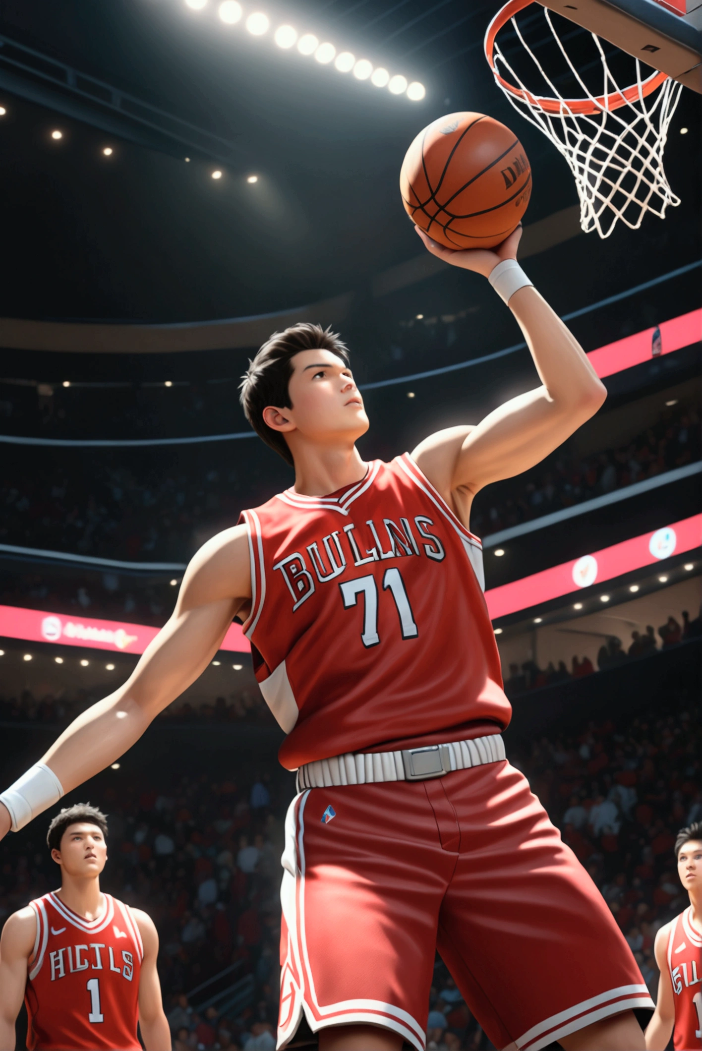 1boy, Shohei Ohtani, basketball player, dunk shoot, from below, cinematic angle, audience well up, detailed facial features, realistic, hyper-realistic, photorealistic, (best quality,4k,8k,highres,masterpiece:1.2),ultra-detailed,(realistic,photorealistic,photo-realistic:1.37),studio lighting,vivid colors,dramatic lighting,