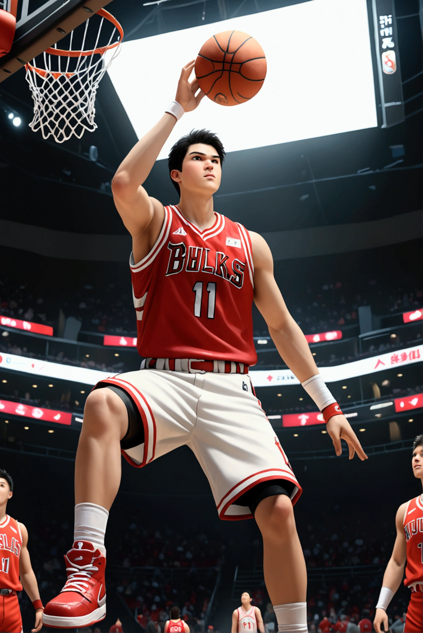 1boy, Shohei Ohtani, basketball player, dunk shoot, from below, cinematic angle, audience well up, detailed facial features, realistic, hyper-realistic, photorealistic, (best quality,4k,8k,highres,masterpiece:1.2),ultra-detailed,(realistic,photorealistic,photo-realistic:1.37),studio lighting,vivid colors,dramatic lighting,