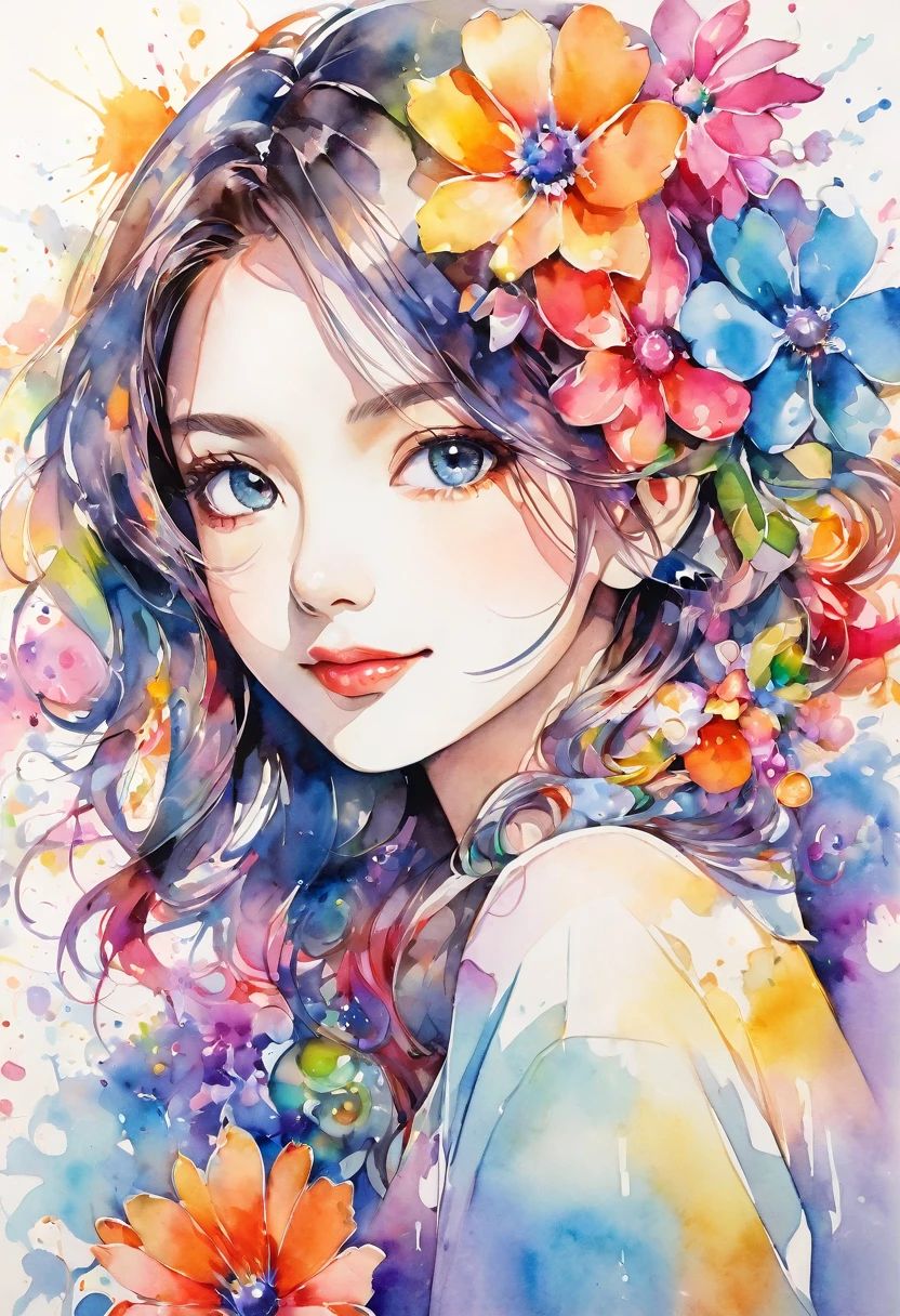beautiful woman portrait, cute smile, Sylvia Pelissero watercolors, colorful flowers, beautiful eyes,  upper body, abstract art, intense watercolor, watercolor detailed art, watercolor splash, surreal, avant-garde pop art, Beautiful and expressive paintings, Beautiful artwork illustration, very colorful tones, wonderful, cool beauty, highest quality, official art, women only, sharp outline, best shot, vector art, lips in love、 (((The strongest beautiful women of all time))), (((Japanese)))、clear, (((highest quality))), lips in love, HDR, ((Detailed details)), stylish fashion, detailed clothing texture, (((graffiti art))), colorful hair, ((masterpiece))、((Super detailed))
