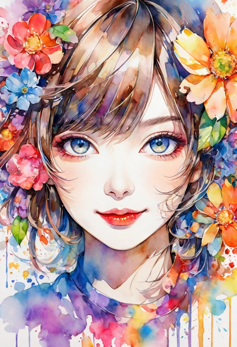beautiful woman portrait, cute smile, Sylvia Pelissero watercolors, colorful flowers, beautiful eyes, upper body, abstract art, intense watercolor, watercolor detailed art, watercolor splash, surreal, avant-garde pop art, Beautiful and expressive paintings, Beautiful artwork illustration, very colorful tones, wonderful, cool beauty, highest quality, official art, women only, sharp outline, best shot, vector art, lips in love、 (((The strongest beautiful women of all time))), (((Japanese)))、clear, (((highest quality))), lips in love, HDR, ((Detailed details)), stylish fashion, detailed clothing texture, (((graffiti art))), colorful hair, ((masterpiece))、((Super detailed))