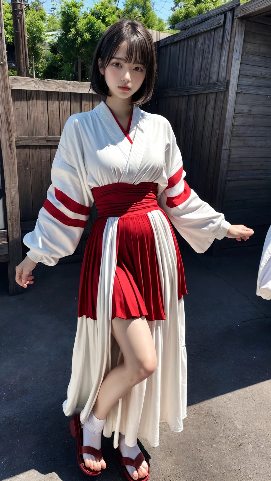 (absurdres:1.3), (highres:1.3), (ultra detailed:1.3),(1girl:1.3), (extremely detailed CG unity 8k wallpaper:1.3), (detailed skin texture, detailed cloth texture, detailed hair texture), (beautiful detailed face, supermodel, pale skin, realistic glistening skin), (RAW photo, best quality), (realistic, photo-realistic:1.4), masterpiece, extremely delicate and beautiful,Amazing, finely detail, extremely detailed CG unity 8k wallpaper, huge filesize, ultra-detailed, highres, absurdres, soft light,rim light, vibrant details, short bob hair, black hair color, Big Natural Color Lip, (perfect body shape), beautiful legs, BREAK (white and red theme:1.4), (fusion of (white kimono tops:1.2) and  (red high-waisted maxi length skirt):1.4), (long sleeve:1.3), (kimono-collar:1.2), (red outlines on white kiomno:1.2), (white very short ankle socks:1.2), (Japanese clogs geta:1.2),
 crying a little、Harajuku style、20 year old girl、cute type、lolita、open legs