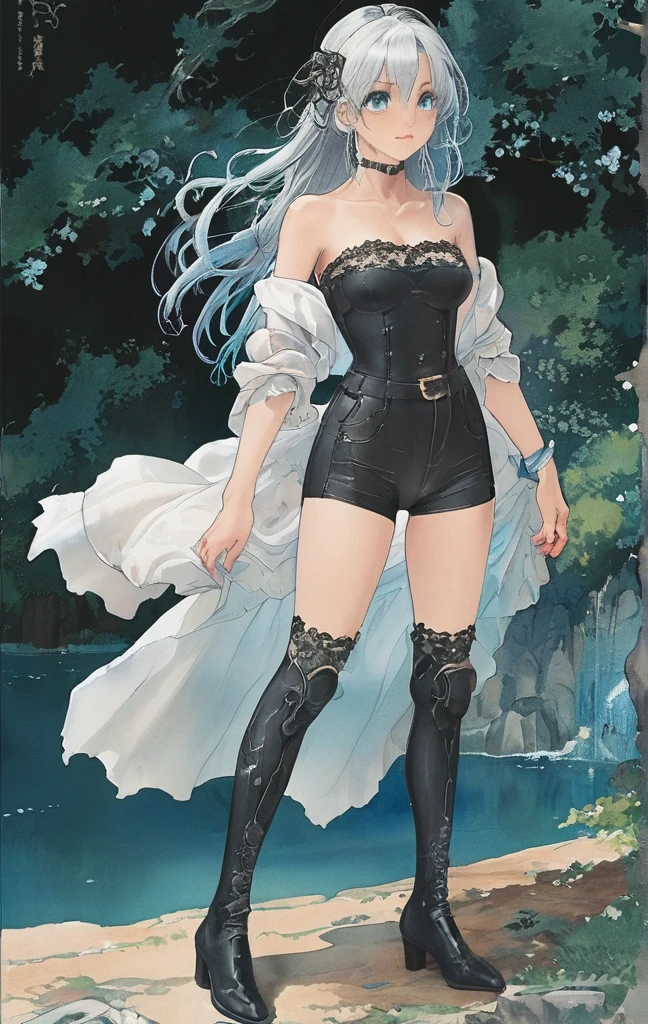  woman，Silver Hair，blue eyes，Full Body Tights，Camouflage tights、Crop shirt，Off the shoulder，white，art， anime，figure