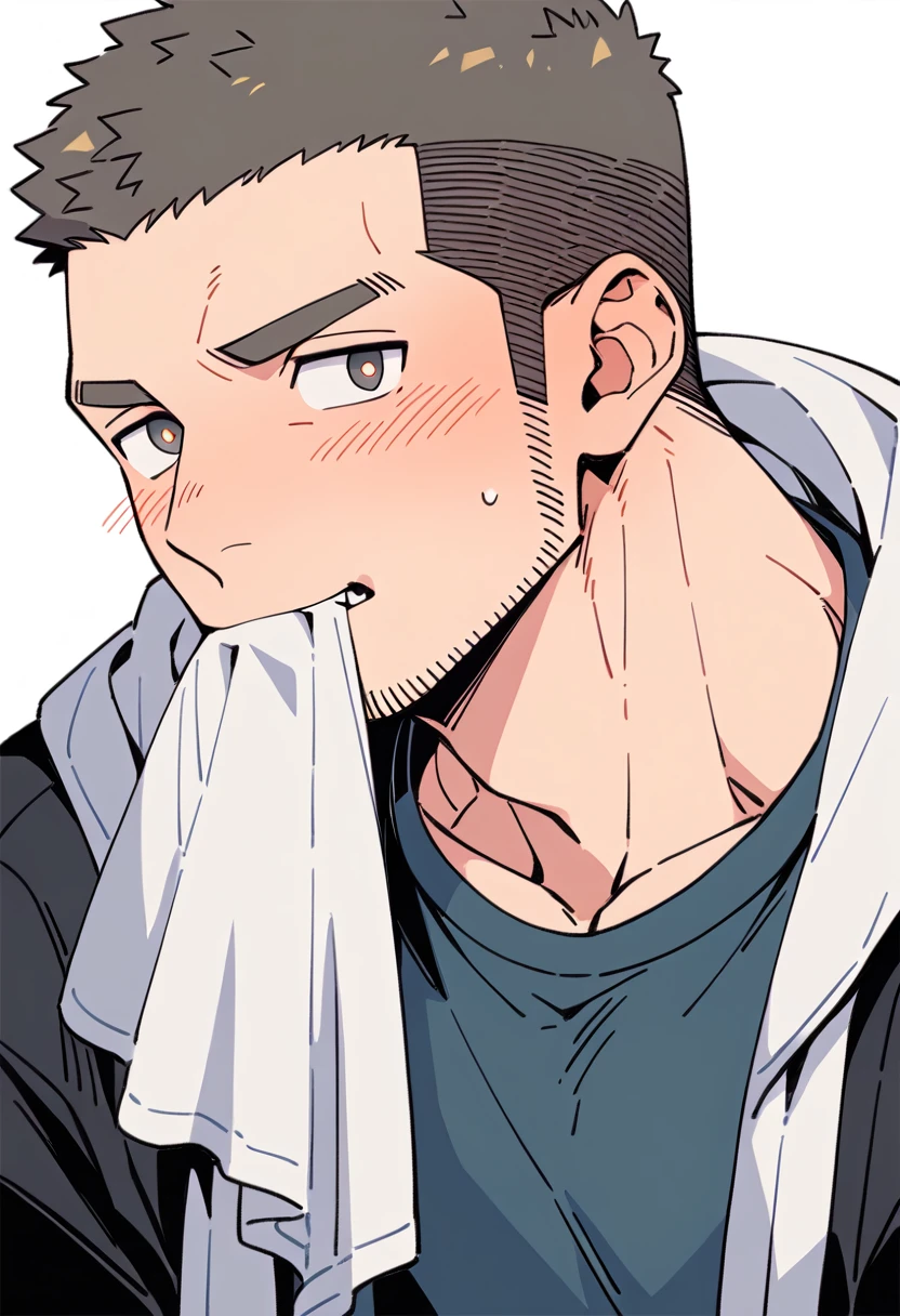 anime characters:Priapus, Muscle Sports Student, Buzz Cut, Manliness, male focus, Sports tight hooded sweatshirt, Very tight, full and perky chest muscles, muscular male, muscular, only, Upper body, alone, Black short hair, Thick eyebrows, stubble, Brown-red pupils, White background, simple background, amazing quality, best aesthetics, Ridiculous, crew cut, blush, mouth hold, Mouth biting a white towel, embarrassed, shy, endured face, negative space, best quality