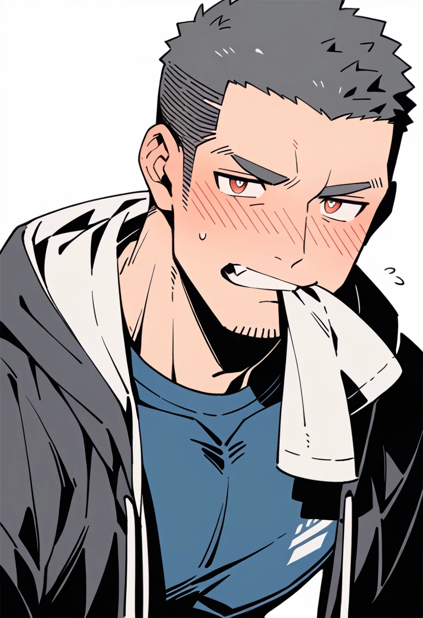 anime characters:Priapus, Muscle Sports Student, Buzz Cut, Manliness, male focus, Sports tight hooded sweatshirt, Very tight, full and perky chest muscles, muscular male, muscular, only, Upper body, alone, Black short hair, Thick eyebrows, stubble, Brown-red pupils, White background, simple background, amazing quality, best aesthetics, Ridiculous, crew cut, blush, mouth hold, Mouth biting a white towel, embarrassed, shy, endured face, negative space, best quality