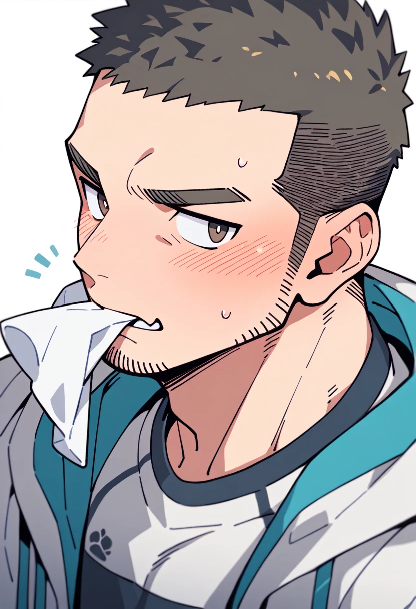 anime characters：Priapus, Muscle Sports Student, Buzz Cut, Manliness, male focus, Sports tight hooded sweatshirt, Very tight, full and perky chest muscles, muscular male, muscular, only, Upper body, alone, Black short hair, Thick eyebrows, stubble, Brown-red pupils, White background, simple background, amazing quality, best aesthetics, Ridiculous, crew cut, blush, mouth hold, Mouth biting a white towel, embarrassed, shy, endured face, negative space, best quality