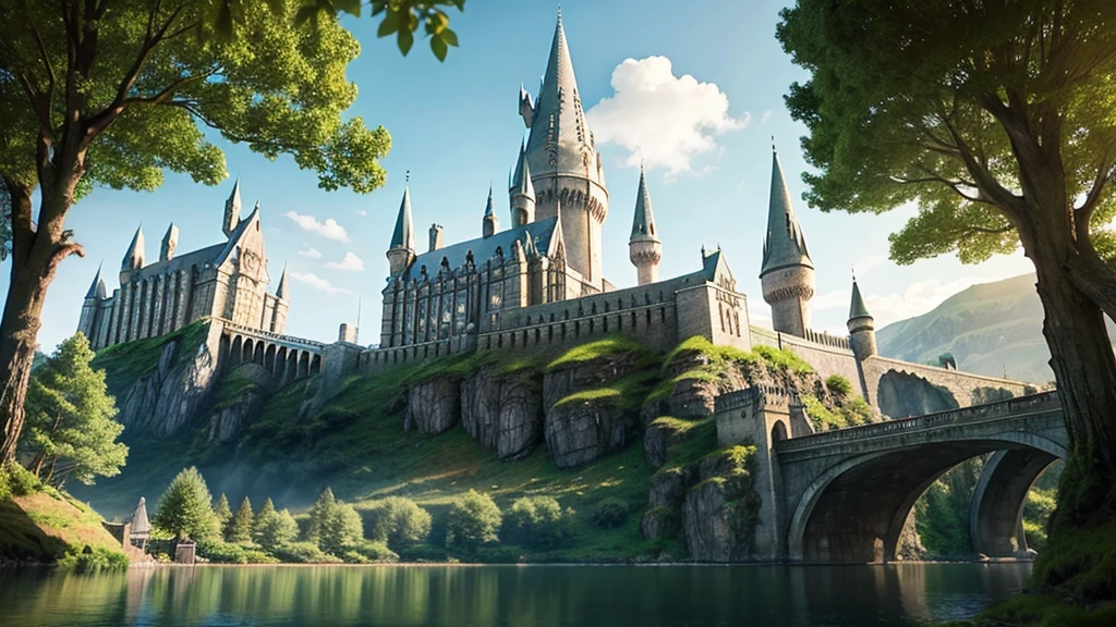 Realistic illustrations、Hogwarts Castle in the Morning、Trees around、Fantasy