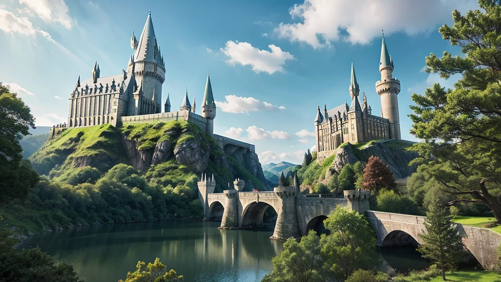 Realistic illustrations、Hogwarts Castle in the Morning、Trees around、Fantasy