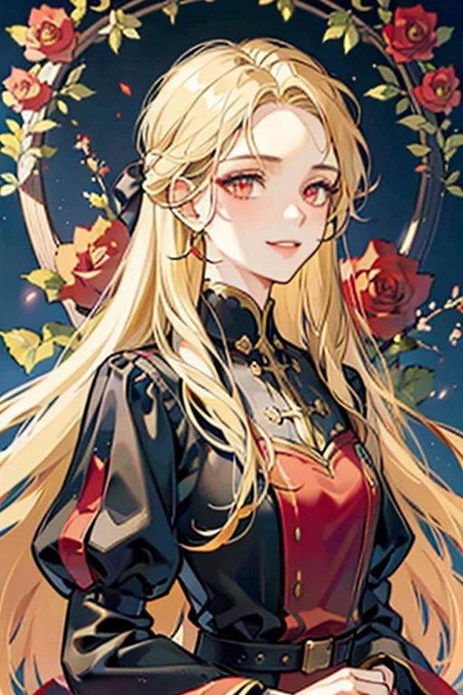 Masterpiece, high quality, Single female, Ethereal, handsome, portrait, wavy blonde hair, NO bangs, show forehead, olive skin, fiery red eyes, yellow eyebrows, cocky smile, colorful, red colors, black colors, normal red cocktail dress, red sleeves, no accessories, The face is smiling, arrogant, assertive, intimidating, wild roses in the background, night-time, wild roses frame, Rich in color, close-up shot, bust photo, NO hands. Look at viewer.