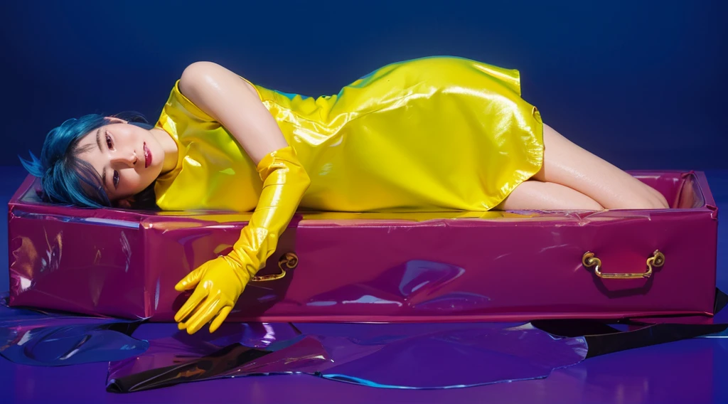 This image depicts a woman with vibrant blue hair, lying comfortably in an elongated, dark purple box. She is dressed in a bright neon green dress and yellow gloves, adding a striking contrast against the purple and blue background. Her peaceful expression and relaxed pose suggest a dreamlike or surreal scene, despite the unconventional setting of being in a box. The overall visual effect is bold and colorful, emphasizing the playful and artistic elements of the composition. effectively conveying a sense of joy and creativity.ffects render, (glossy plastic texture with multiple big light probe refractions), perfect cgi, smooth silhouette, high intensity refraction, (super glossy plastic material), most beautiful vfx, , realistic, 4k, high resolution, rim light, smooth 3d model, multiple light sources, rim light, sharp post effects render,, realistic, 4k, high resolution, rim light detailed digital art, reflective, best quality, 4k, masterpiece:1.2, ultra-detailed, realistic, vivid colors, The image of the highest quality, ensuring every detail showcased perfectly. It in 4k resolution, allowing viewers to immerse themselves in the richness of the colors and intricate details. The realistic rendering. under the spotlight, reflecting, high-resolution image, realistic rendering