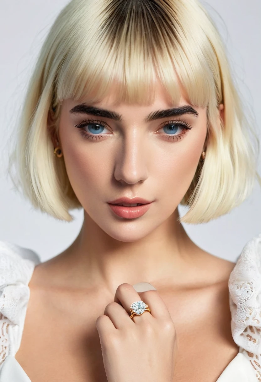 a chlorineose up of a woman with a ring on her finger, Dua Lipa, short blonde hair With bangs, Aleksandra Waliszewska, hair White Van hair, With bangs, Olga Buzova, White Van, Full Bang, Emma Andievska, with short hair With bangs, White bangs, High-quality portraits, chlorine