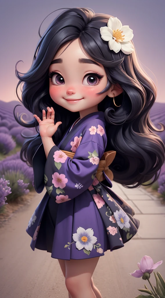 Create a baby chibi version of the Alice character in an 8K resolution. As a coloring book, the color should be black and white, the border should be simple, with the same line thickness, clear, and bold. A beautiful Asian girl with long, flowing black hair adorned with a delicate [lavender hair ornament] is strolling through the picturesque [lavender fields] of Furano, Hokkaido. She is wearing a stunning [kimono with lavender pattern], the vibrant purple colors contrasting with the vast expanse of blooming lavender. The girl's expression exudes a sense of tranquility and joy as she immerses herself in the beauty of the fragrant flowers, It's sunny, Detailed eyes, clear outlines, kawaii pose, A smile, Raise your right hand, Eye Up, Laugh, radiant light, Taken from the side. She should look adorable and cute. Give him a smiling expression and a sweet smile on his face, capturing the essence of the character in a delicate and charming way.