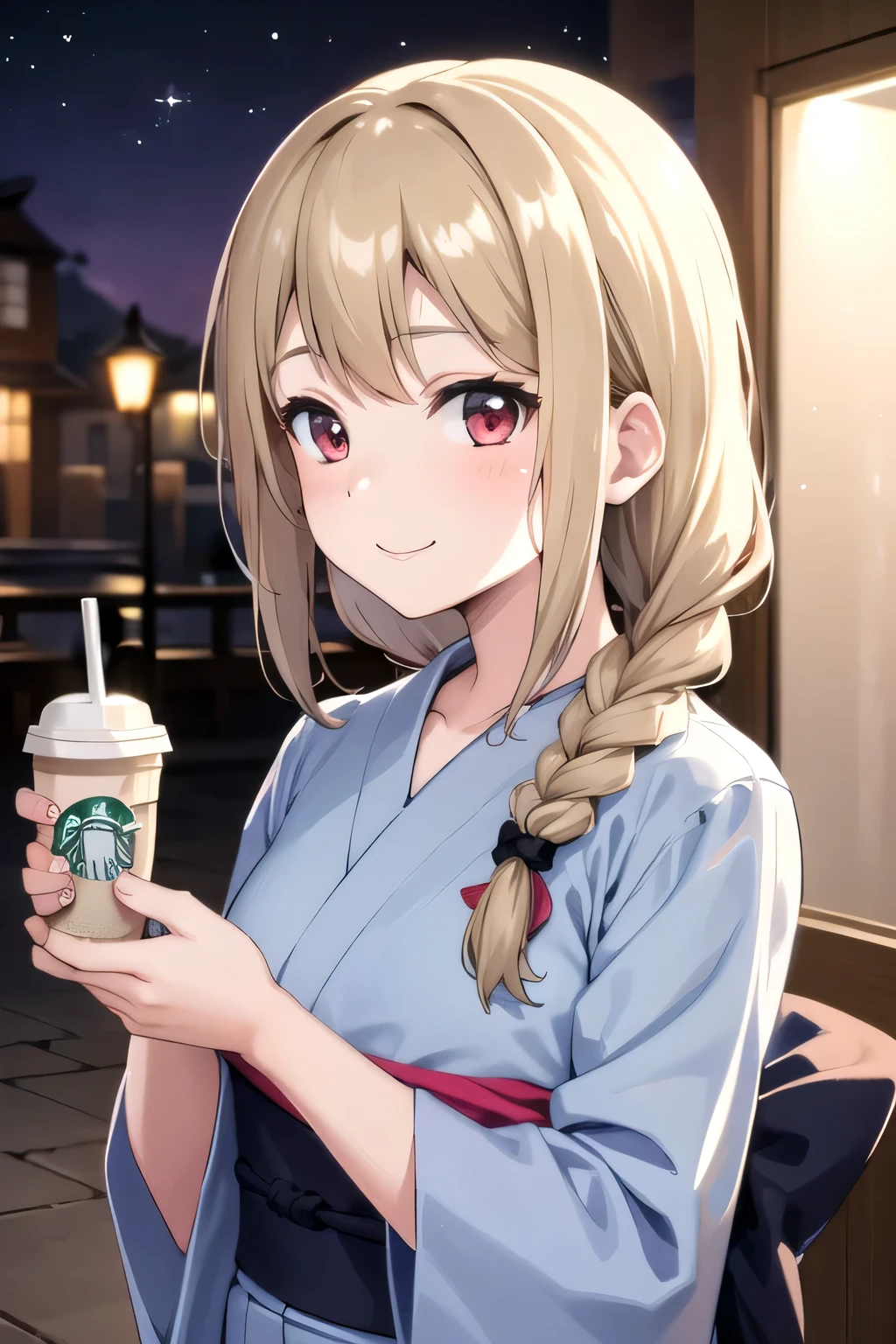 One girl, Arisa Ichinomiya, Long Hair, Gray Hair, Braiding, single Braiding, Red eyes,Perfect hands , smile、Light blue yukata with floral pattern、Starbucks on the right