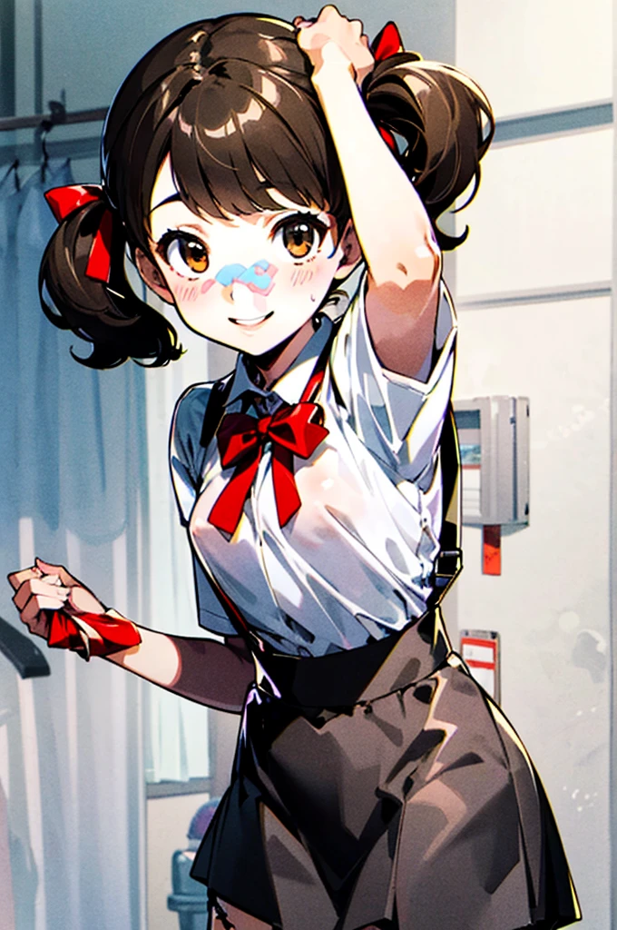 solo, smile, Nanako Doujima, short twintails, brown eyes, eva school unifrom, 1girl, solo, tokyo-3 middle ,  shirt, short sleeves, suspender skirt, neck ribbon,, ultra detailed, masterpiece, best quality,nsfw,small breasts,panties