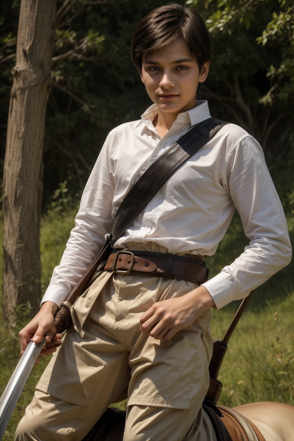 A cute twink male with a make-up face and black hair. He is wearing a white long-sleeved shirt and brown pants. He is riding a horse and looks proudly on the battlefield with a drawn sword in his hand.