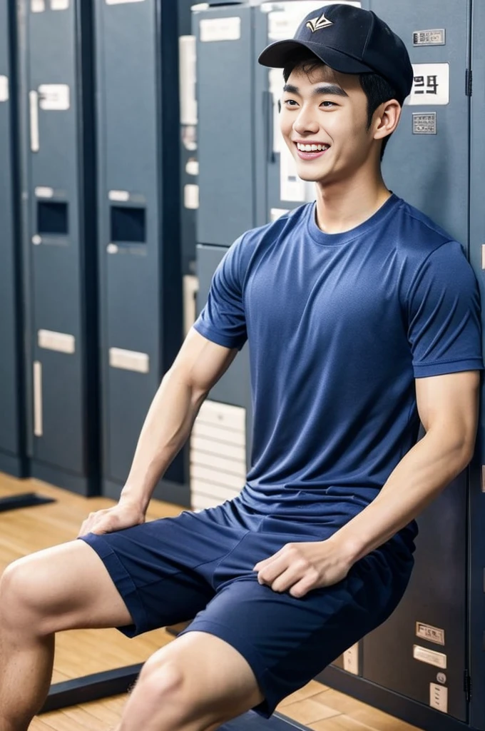Korean man, Inspiration from Peng Yuyan, 23 years old, Korean muscular man ，The locker room is in the back, tight sports t-shirts, navy blue., open mouth smile