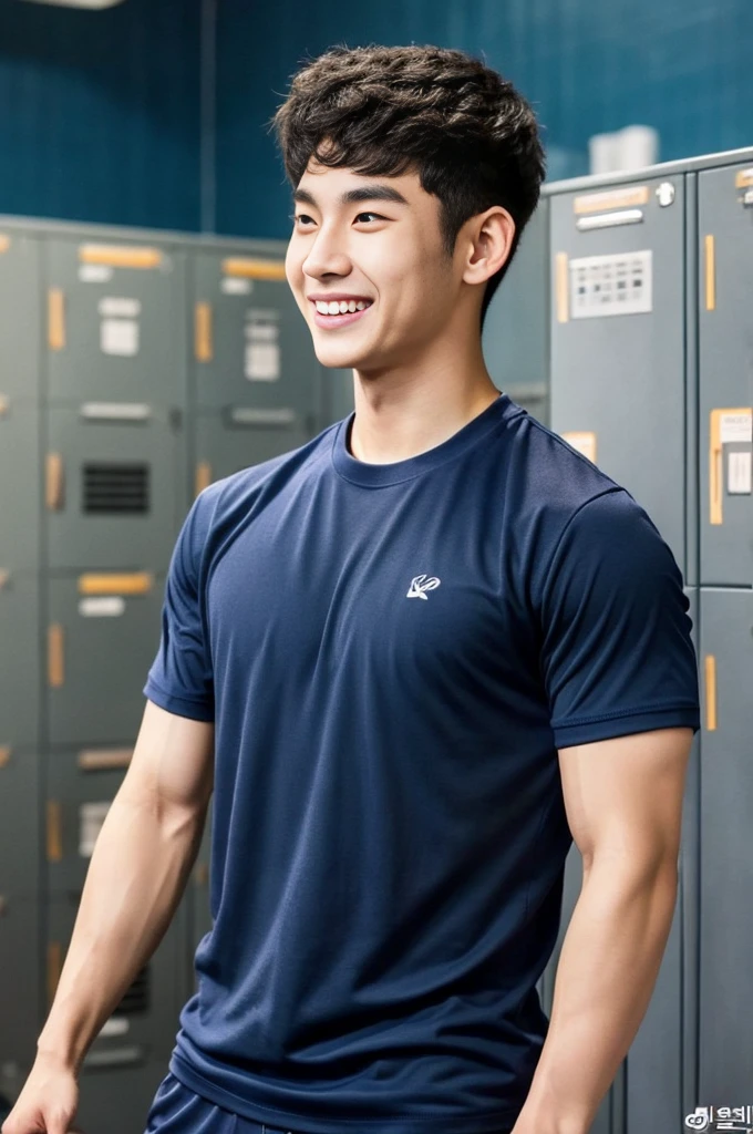 Korean man, Inspiration from Peng Yuyan, 23 years old, Korean muscular man ,The locker room is in the back, tight sports t-shirts, navy blue., open mouth smile