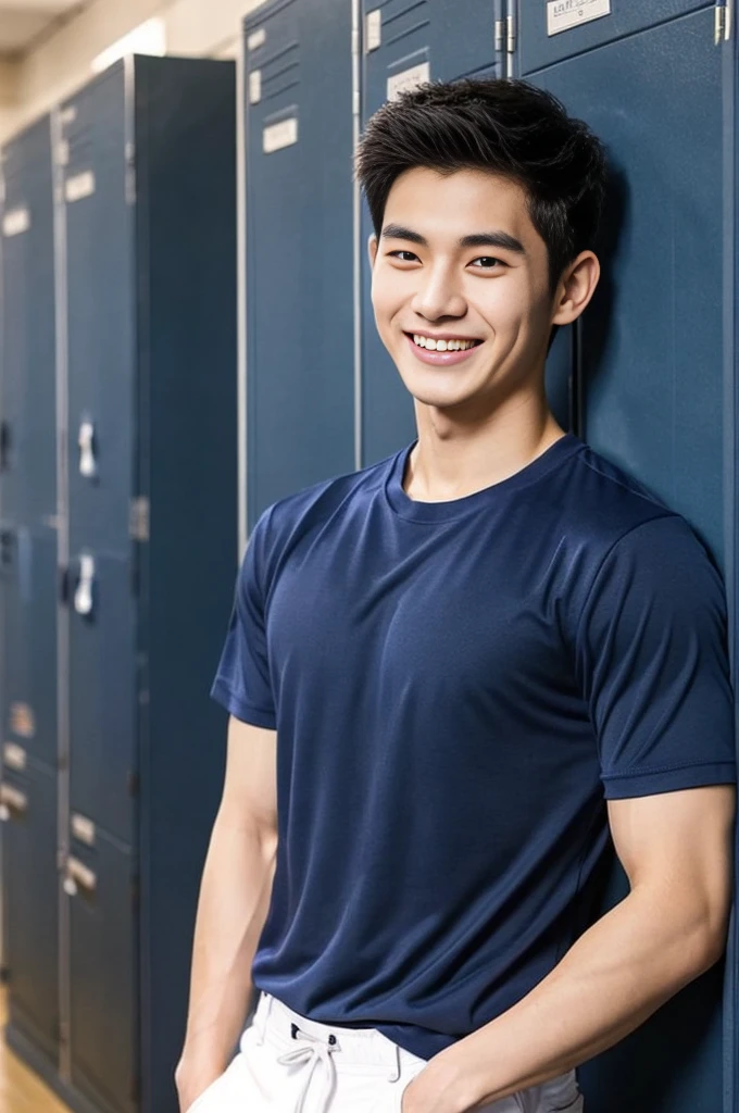 Korean man, Inspiration from Peng Yuyan, 23 years old, Korean muscular man ，The locker room is in the back, tight sports t-shirts, navy blue., open mouth smile