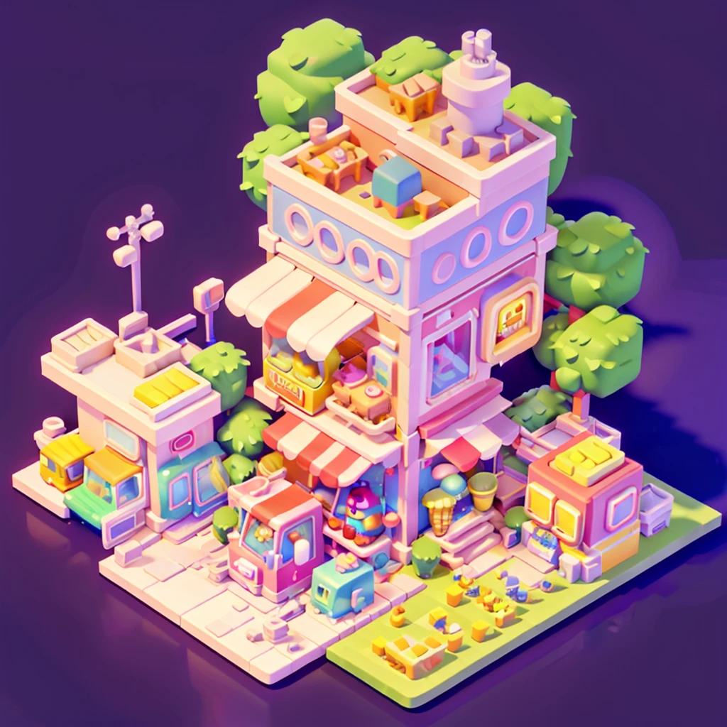Lovely amusement park，Ferris wheel，Ice cream truck，Camping and tents，Isometric Art, 3D Isometric, Isometric pixel art，Simple background，toon