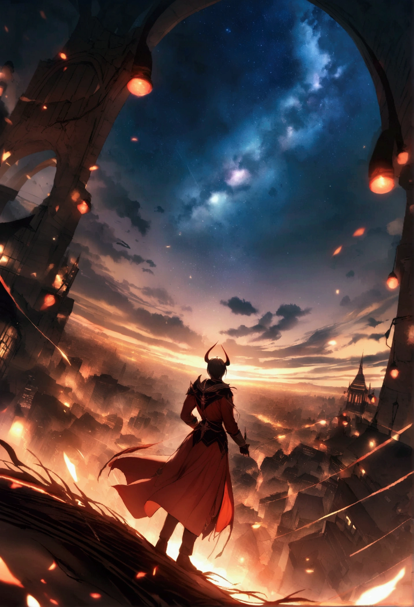 A man looks up at the starry sky with a demon standing behind him,Costume,Night view of Chang'an City,The Glory of the Magic Circle,The character is at the bottom of the screen,Long-range photos,Huge scene,Epic scene,