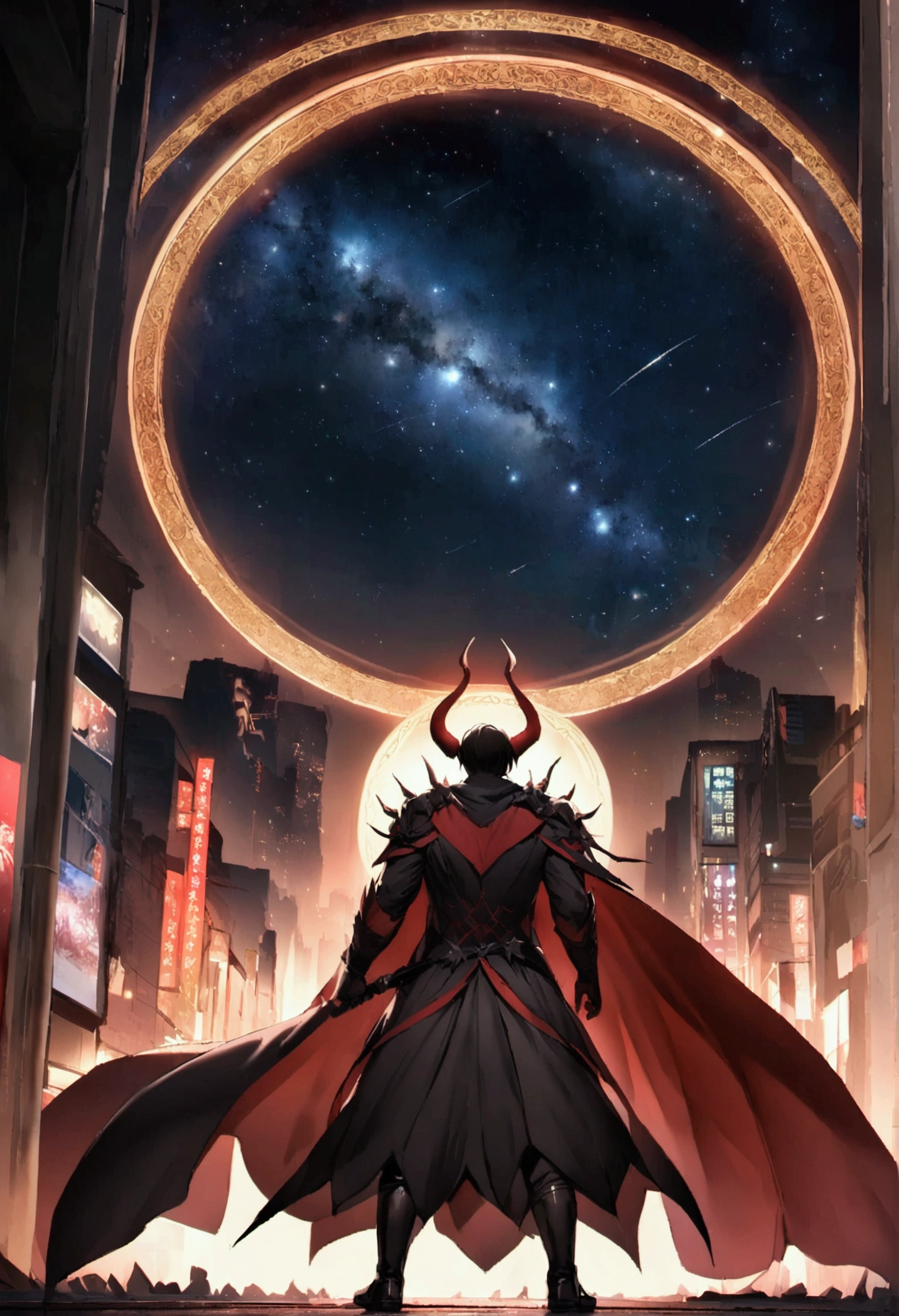 A man looks up at the starry sky with a demon standing behind him，Costume，Night view of Chang'an City，The Glory of the Magic Circle，The character is at the bottom of the screen，Long-range photos，Huge scene，Epic scene，